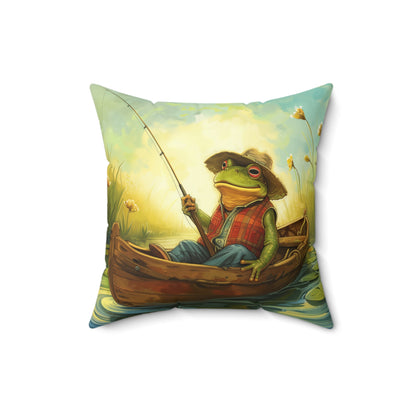 Frog Fishing Polyester Square Pillow