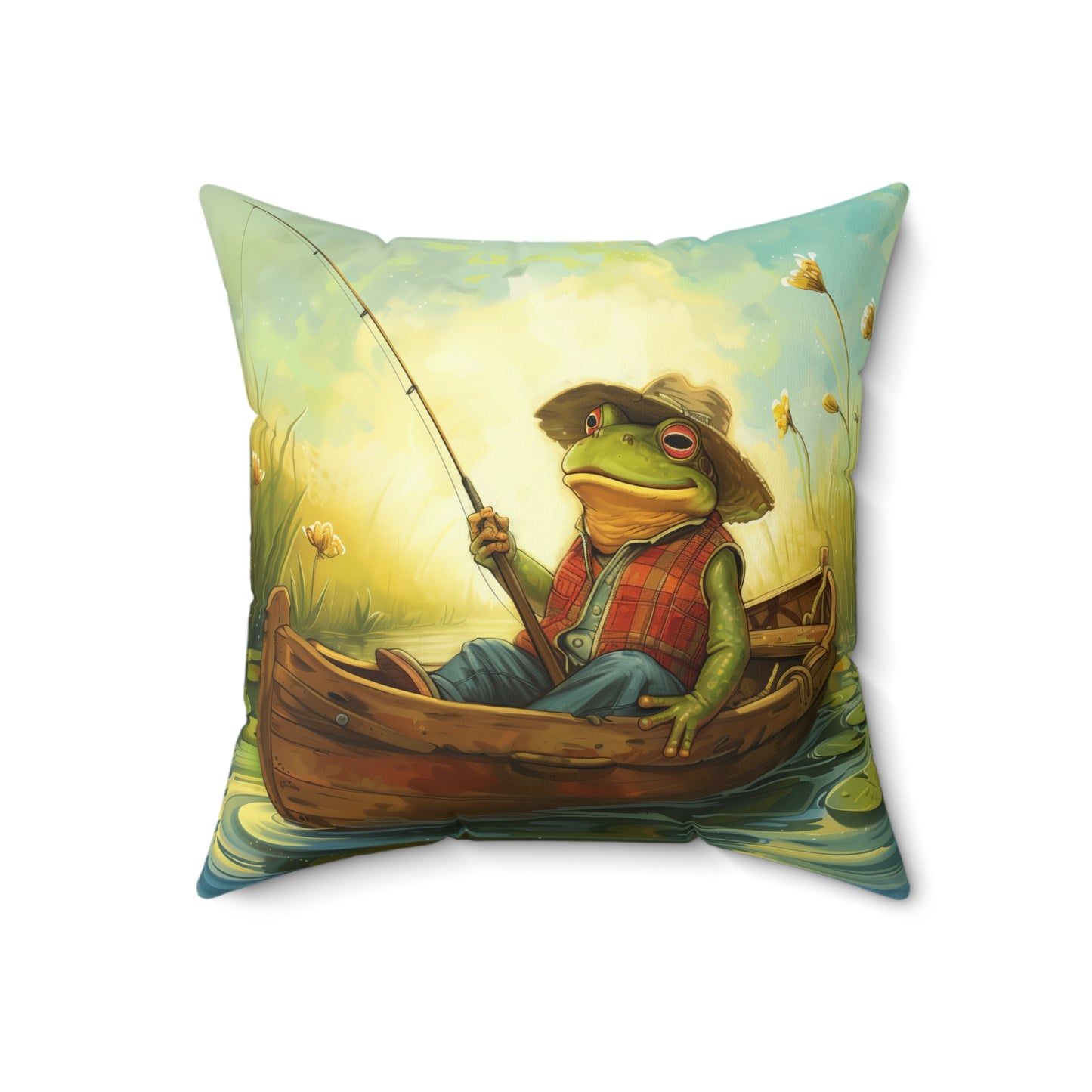 Frog Fishing Polyester Square Pillow