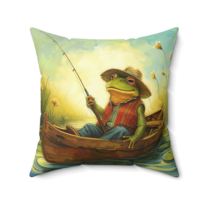 Frog Fishing Polyester Square Pillow